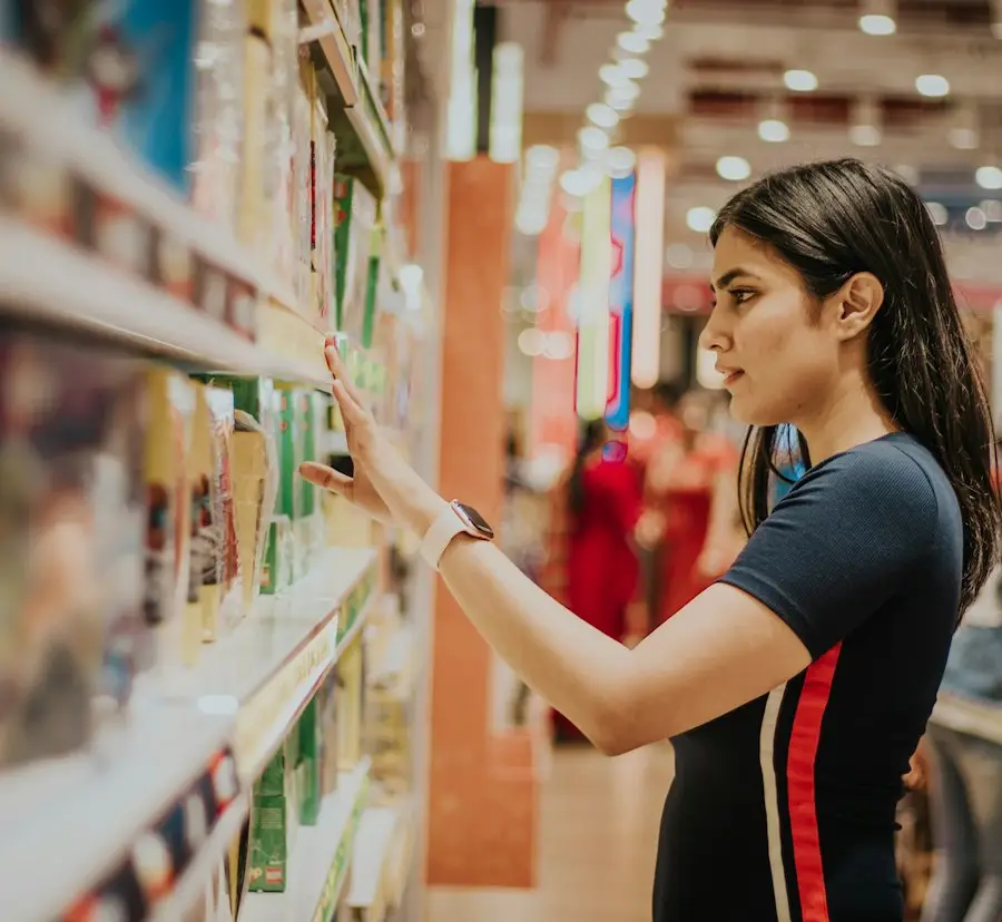 Reader browsing the shelves of a bookstore