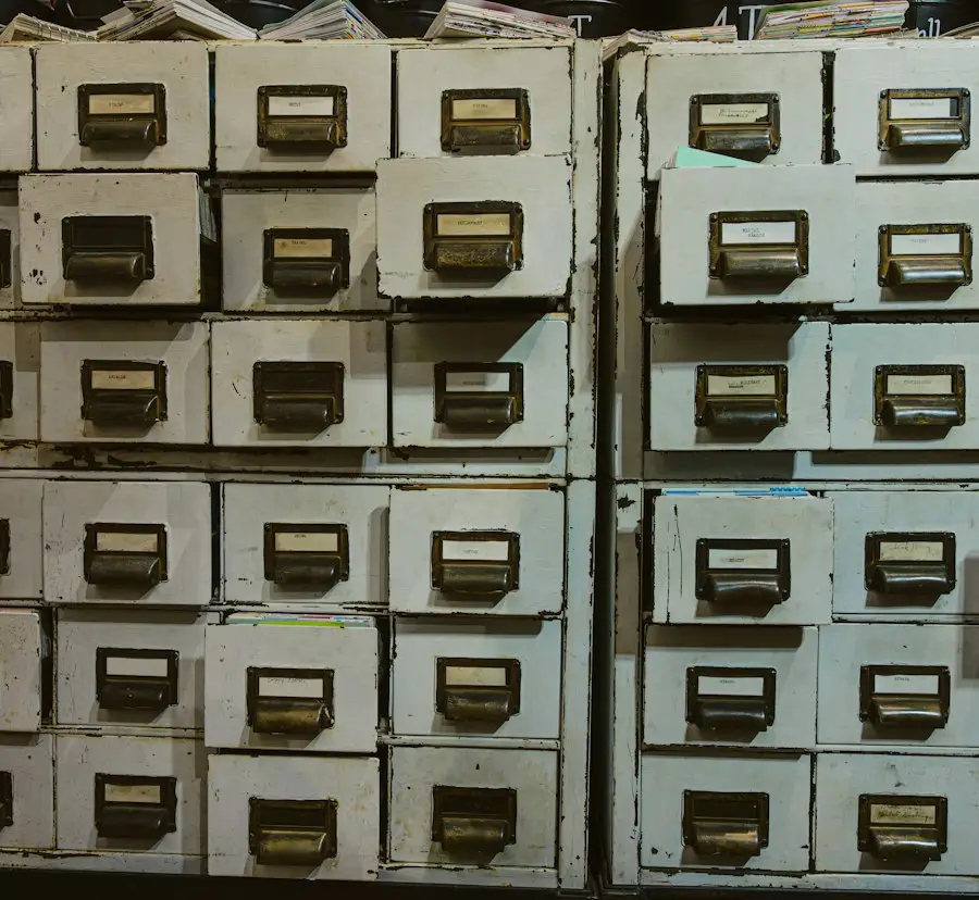 Rows of labeled card-catalog drawers