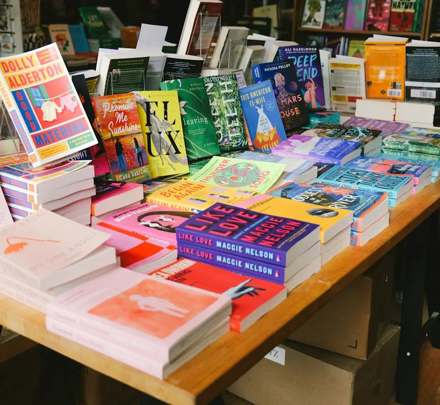 Books displayed on a bookstore table