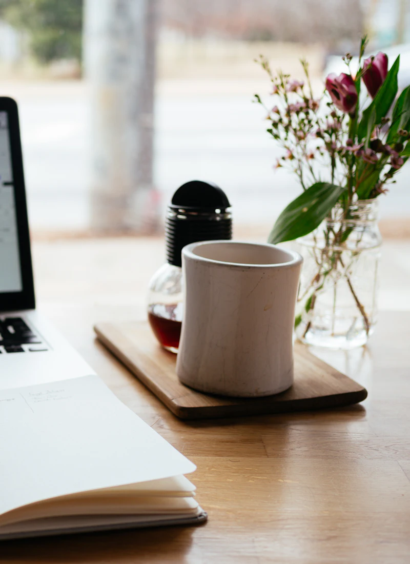 Author workspace with book and laptop